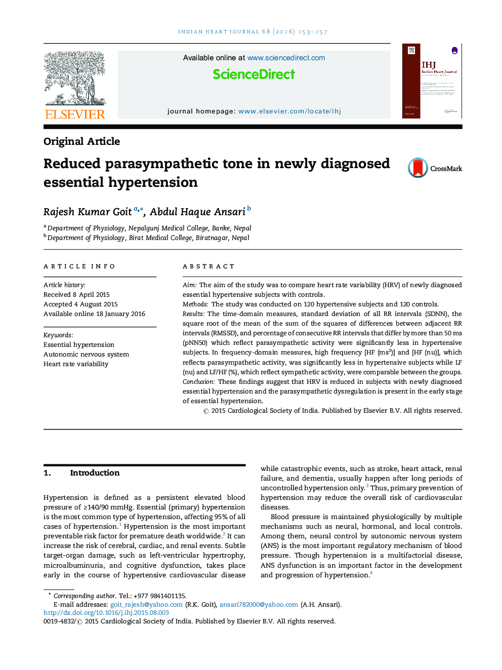 Reduced parasympathetic tone in newly diagnosed essential hypertension