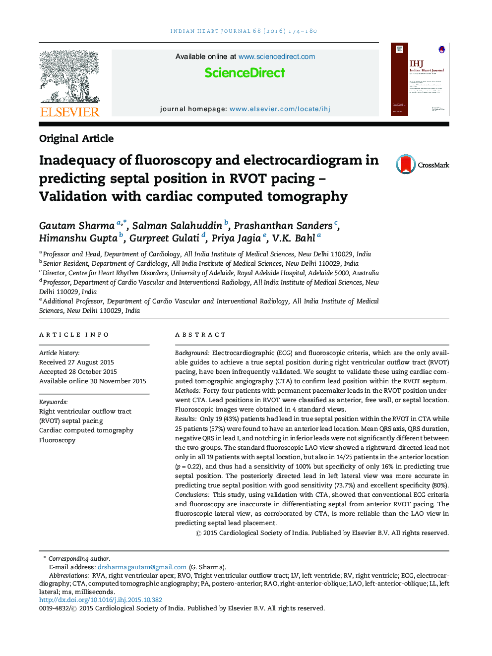 Inadequacy of fluoroscopy and electrocardiogram in predicting septal position in RVOT pacing – Validation with cardiac computed tomography