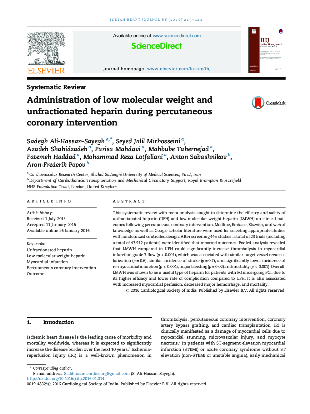 Administration of low molecular weight and unfractionated heparin during percutaneous coronary intervention