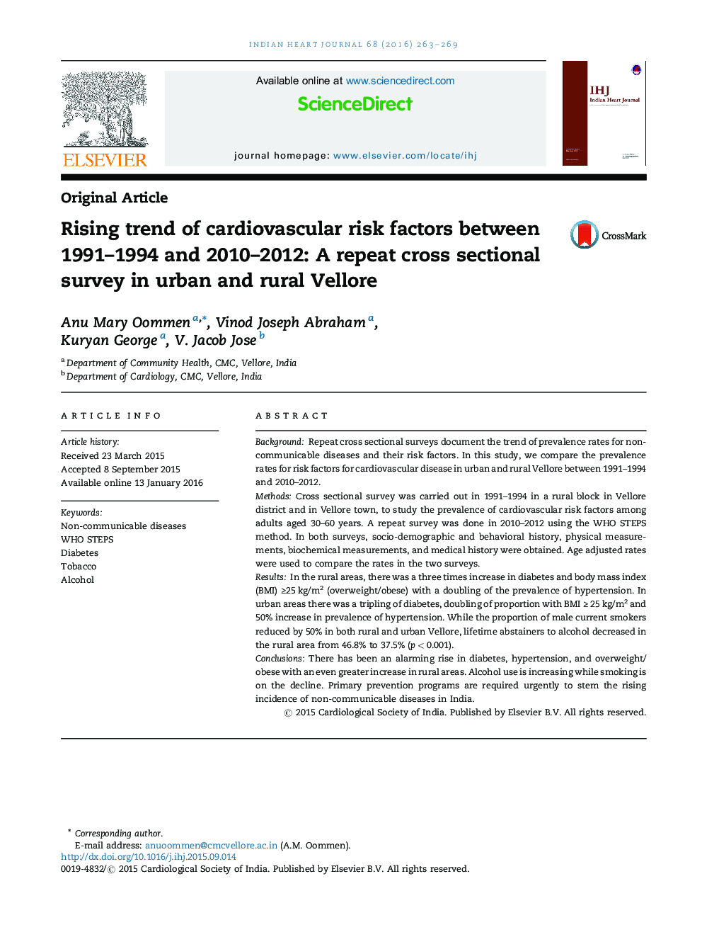 Rising trend of cardiovascular risk factors between 1991–1994 and 2010–2012: A repeat cross sectional survey in urban and rural Vellore