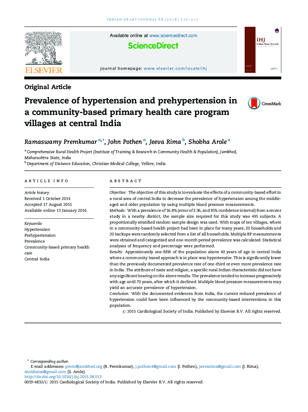 Prevalence of hypertension and prehypertension in a community-based primary health care program villages at central India