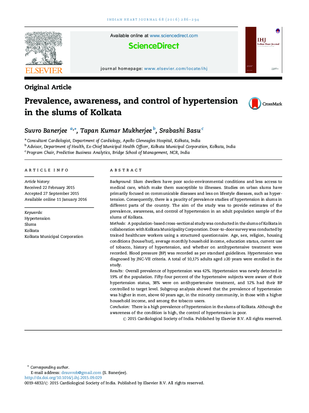 Prevalence, awareness, and control of hypertension in the slums of Kolkata