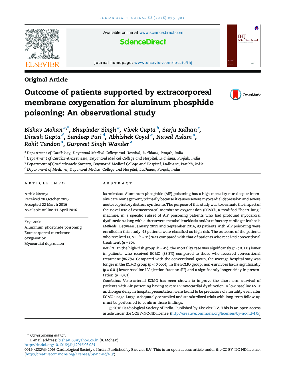 Outcome of patients supported by extracorporeal membrane oxygenation for aluminum phosphide poisoning: An observational study