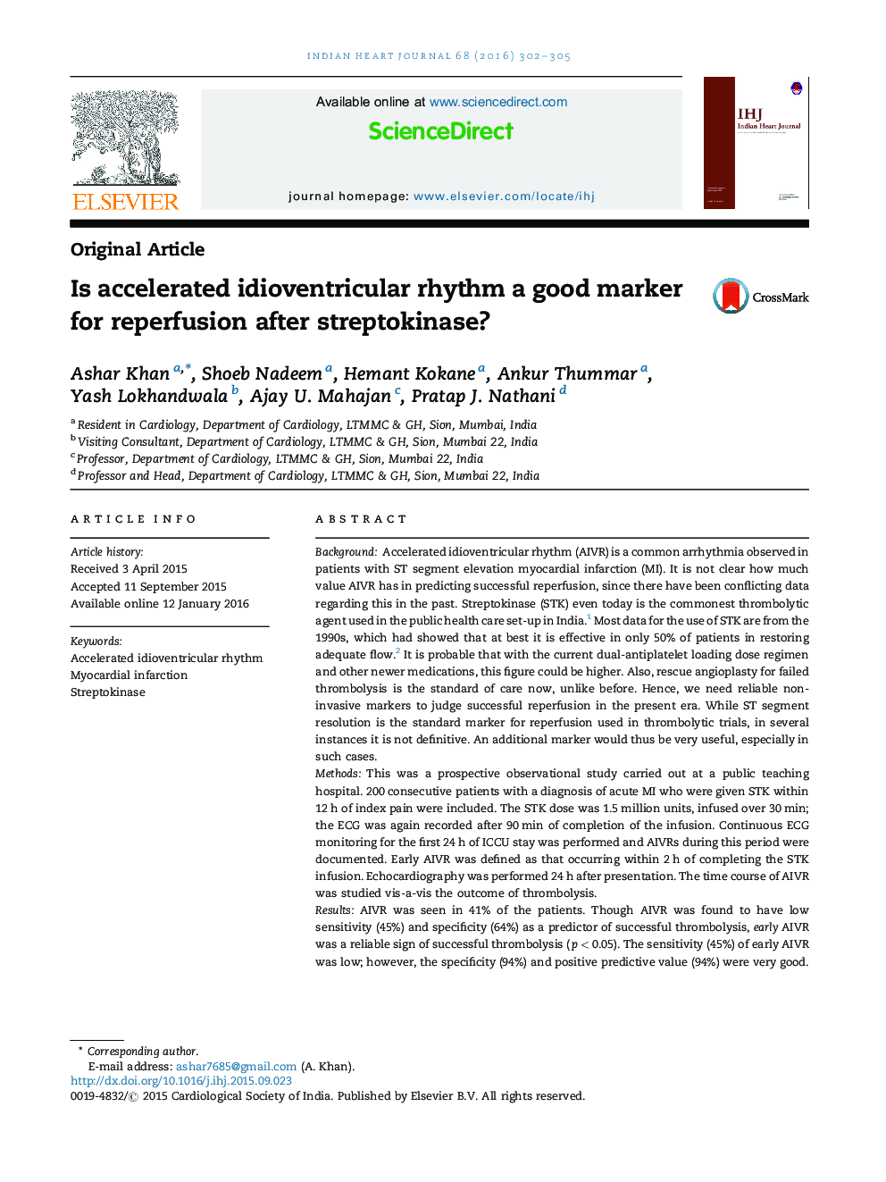 Is accelerated idioventricular rhythm a good marker for reperfusion after streptokinase?