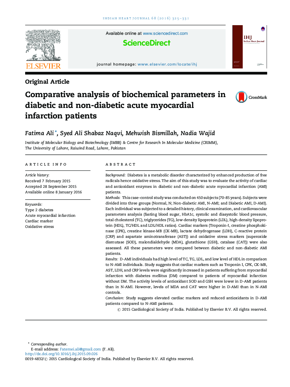 Comparative analysis of biochemical parameters in diabetic and non-diabetic acute myocardial infarction patients