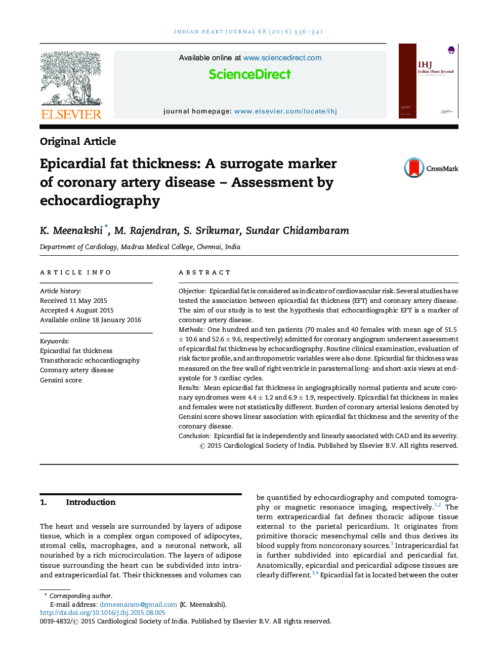 Epicardial fat thickness: A surrogate marker of coronary artery disease – Assessment by echocardiography