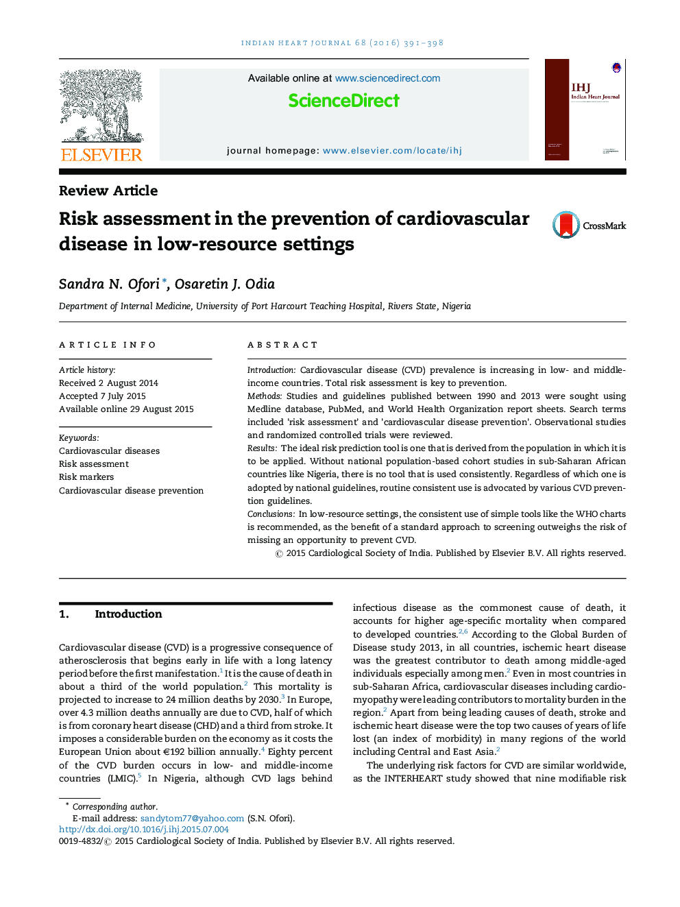 Risk assessment in the prevention of cardiovascular disease in low-resource settings