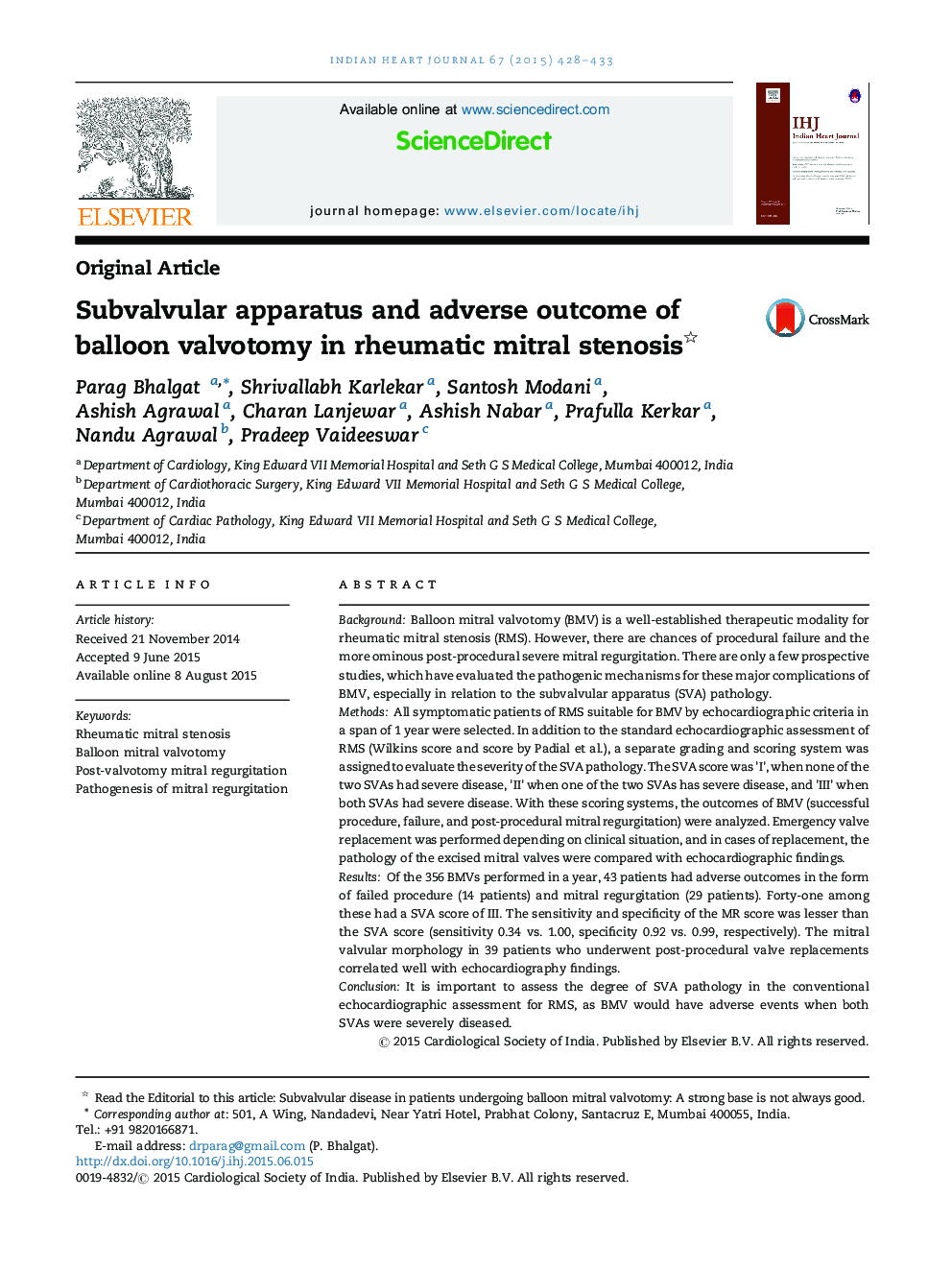 Subvalvular apparatus and adverse outcome of balloon valvotomy in rheumatic mitral stenosis 