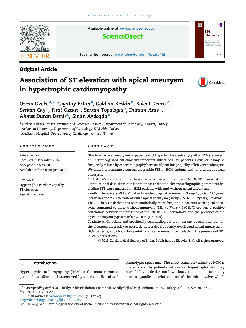 Association of ST elevation with apical aneurysm in hypertrophic cardiomyopathy