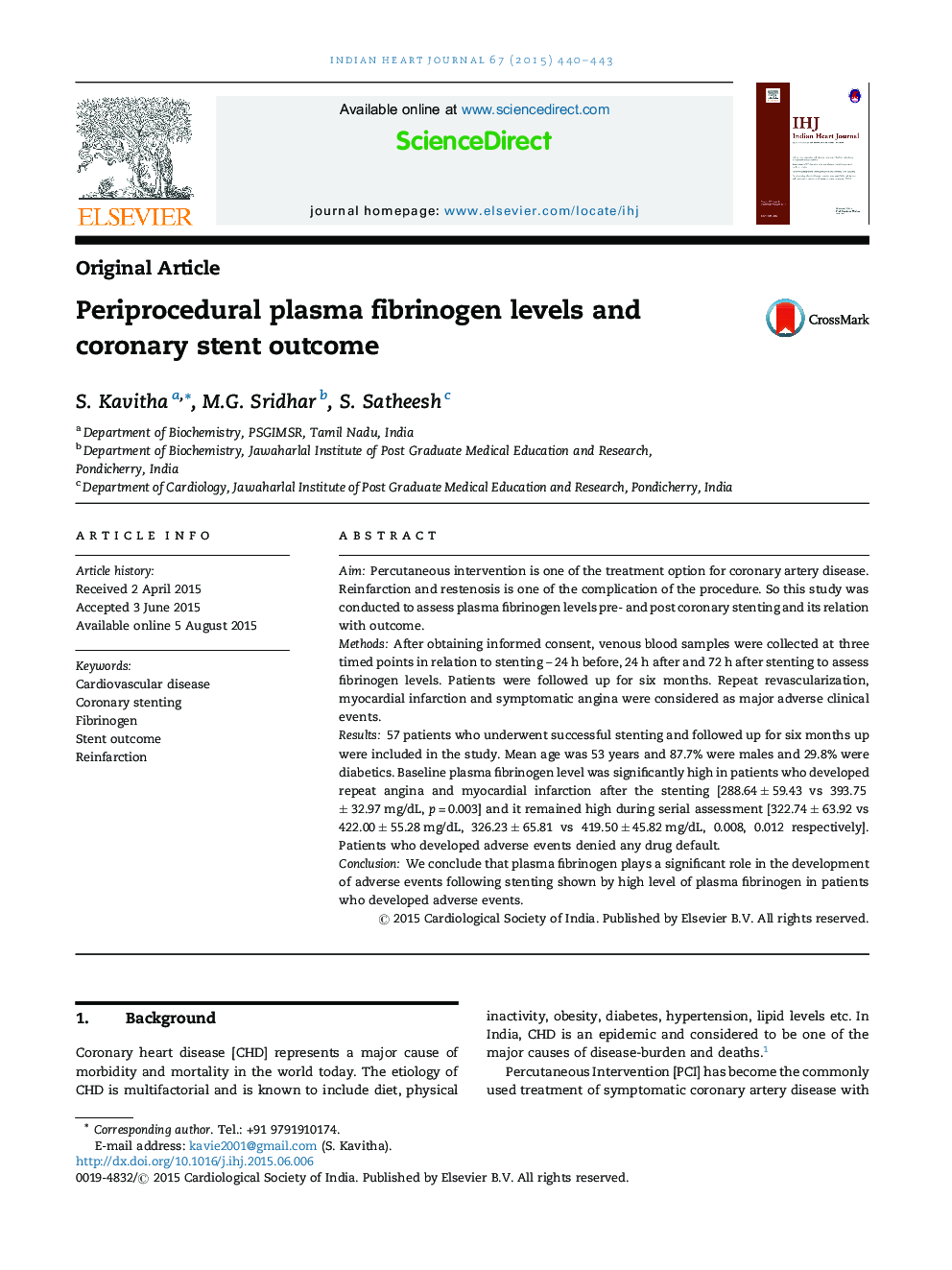 Periprocedural plasma fibrinogen levels and coronary stent outcome