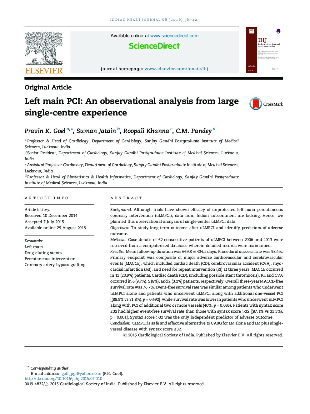 Left main PCI: An observational analysis from large single-centre experience