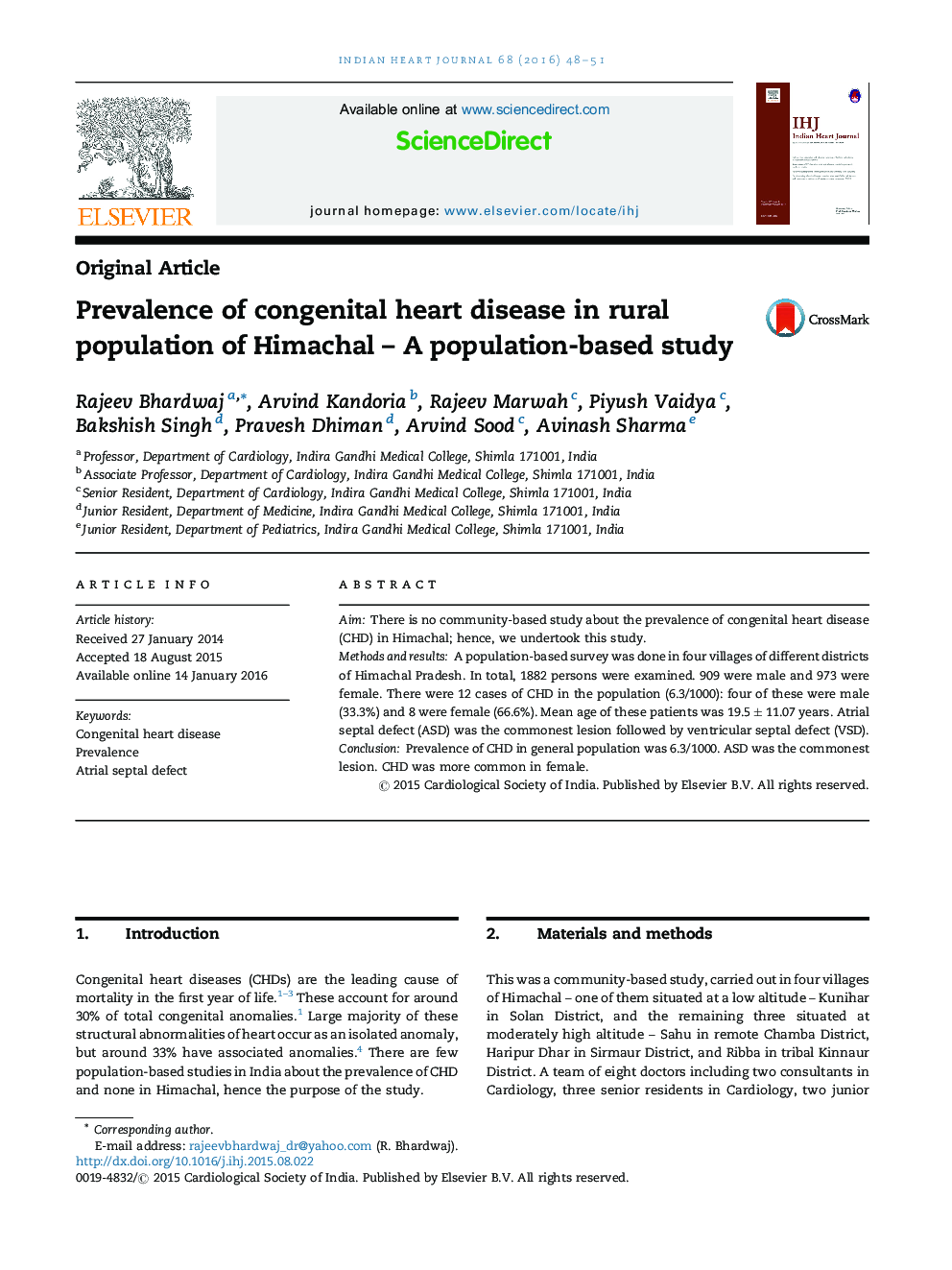 Prevalence of congenital heart disease in rural population of Himachal – A population-based study