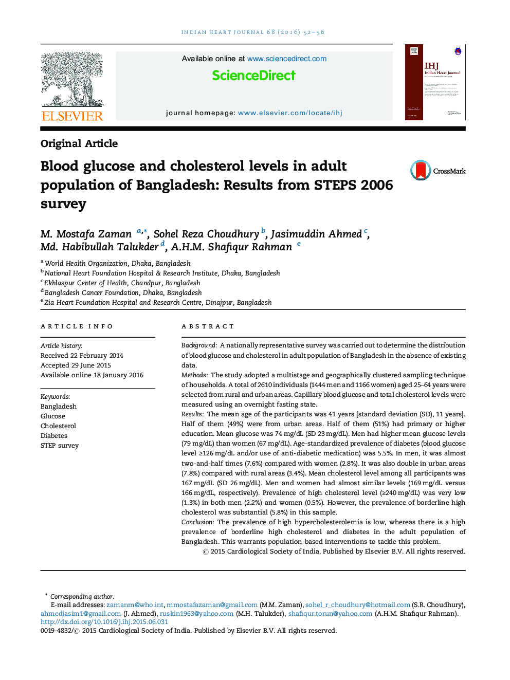 Blood glucose and cholesterol levels in adult population of Bangladesh: Results from STEPS 2006 survey