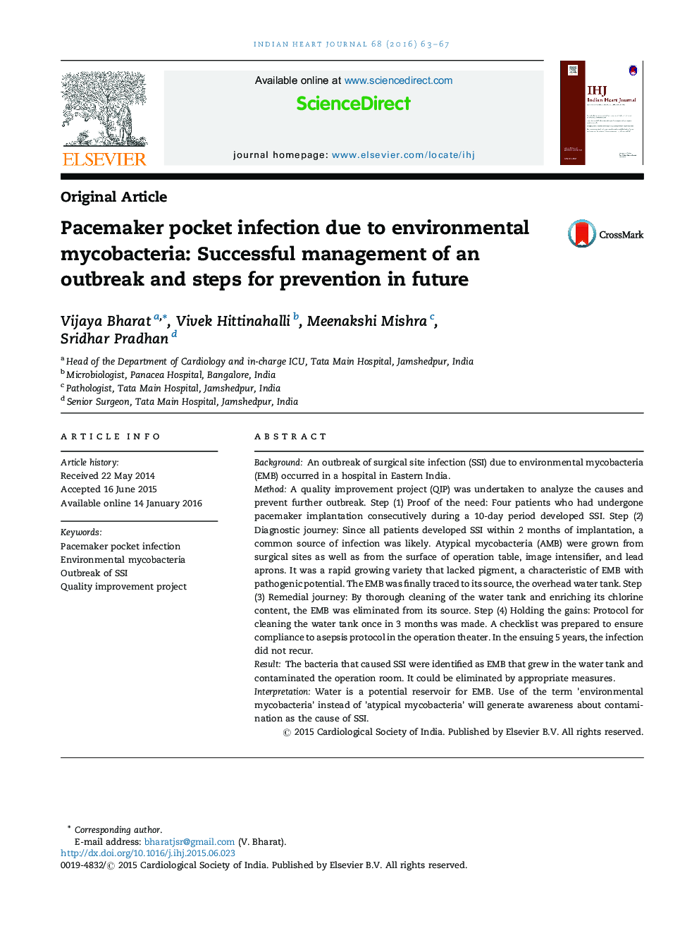 Pacemaker pocket infection due to environmental mycobacteria: Successful management of an outbreak and steps for prevention in future