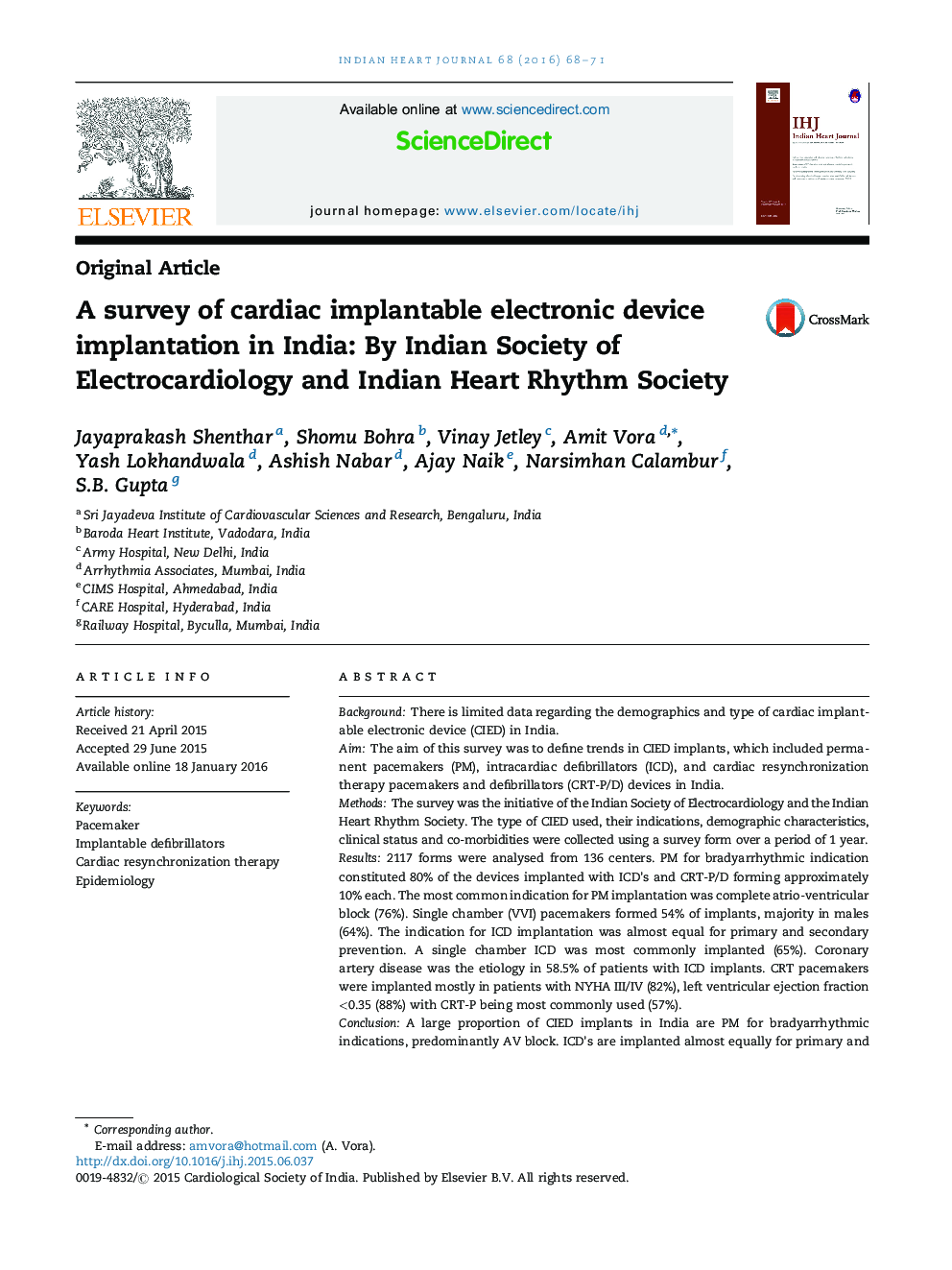 A survey of cardiac implantable electronic device implantation in India: By Indian Society of Electrocardiology and Indian Heart Rhythm Society