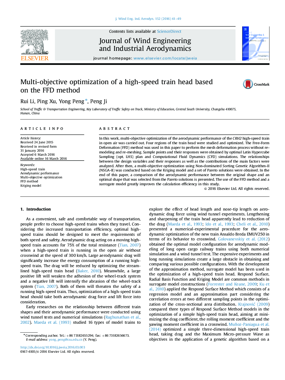 عکس صفحه اول مقاله: Multi-objective optimization of a high-speed train head based on the FFD method Multi-objective optimization of a high-speed train head based on the FFD method