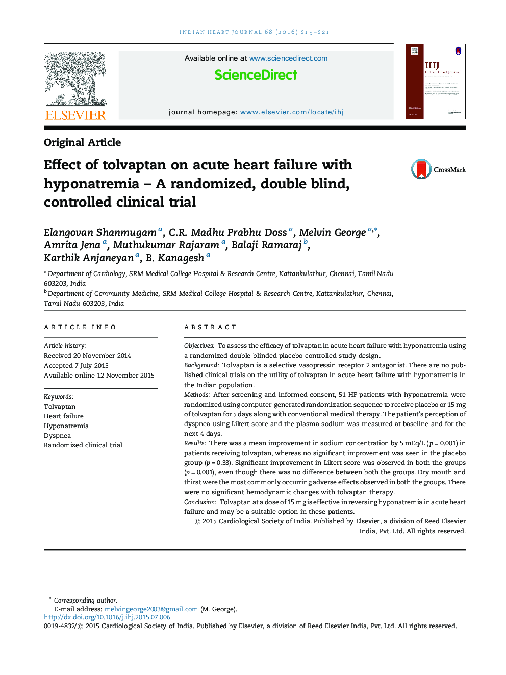 Effect of tolvaptan on acute heart failure with hyponatremia – A randomized, double blind, controlled clinical trial