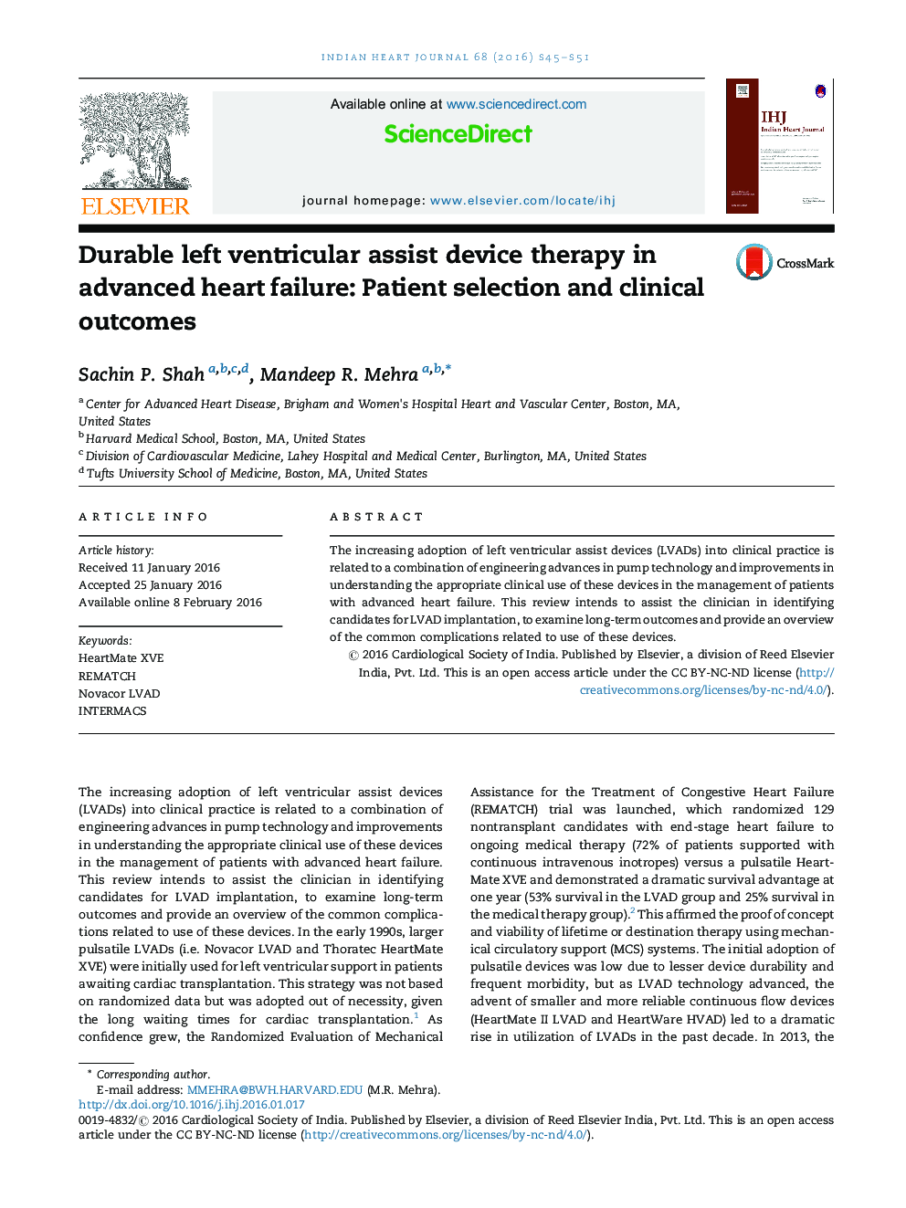 Durable left ventricular assist device therapy in advanced heart failure: Patient selection and clinical outcomes