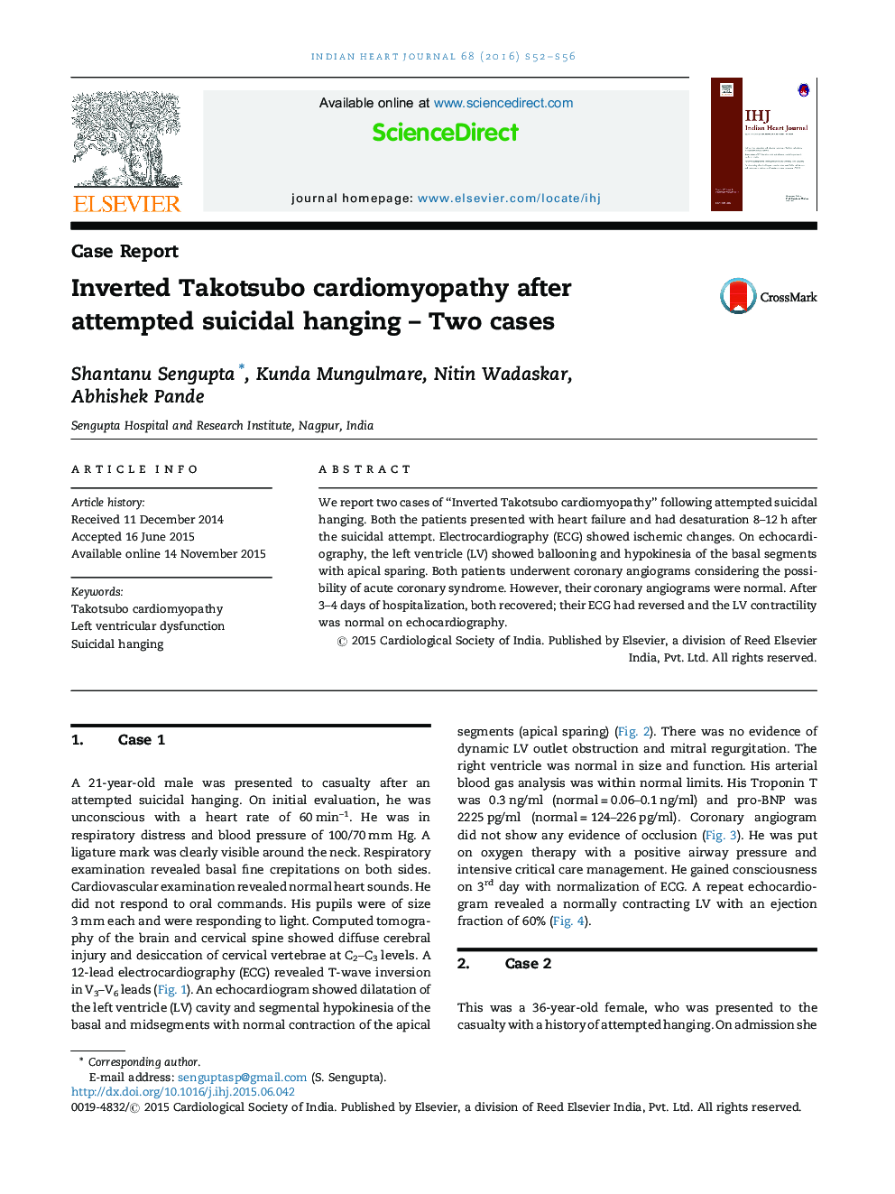 Inverted Takotsubo cardiomyopathy after attempted suicidal hanging – Two cases