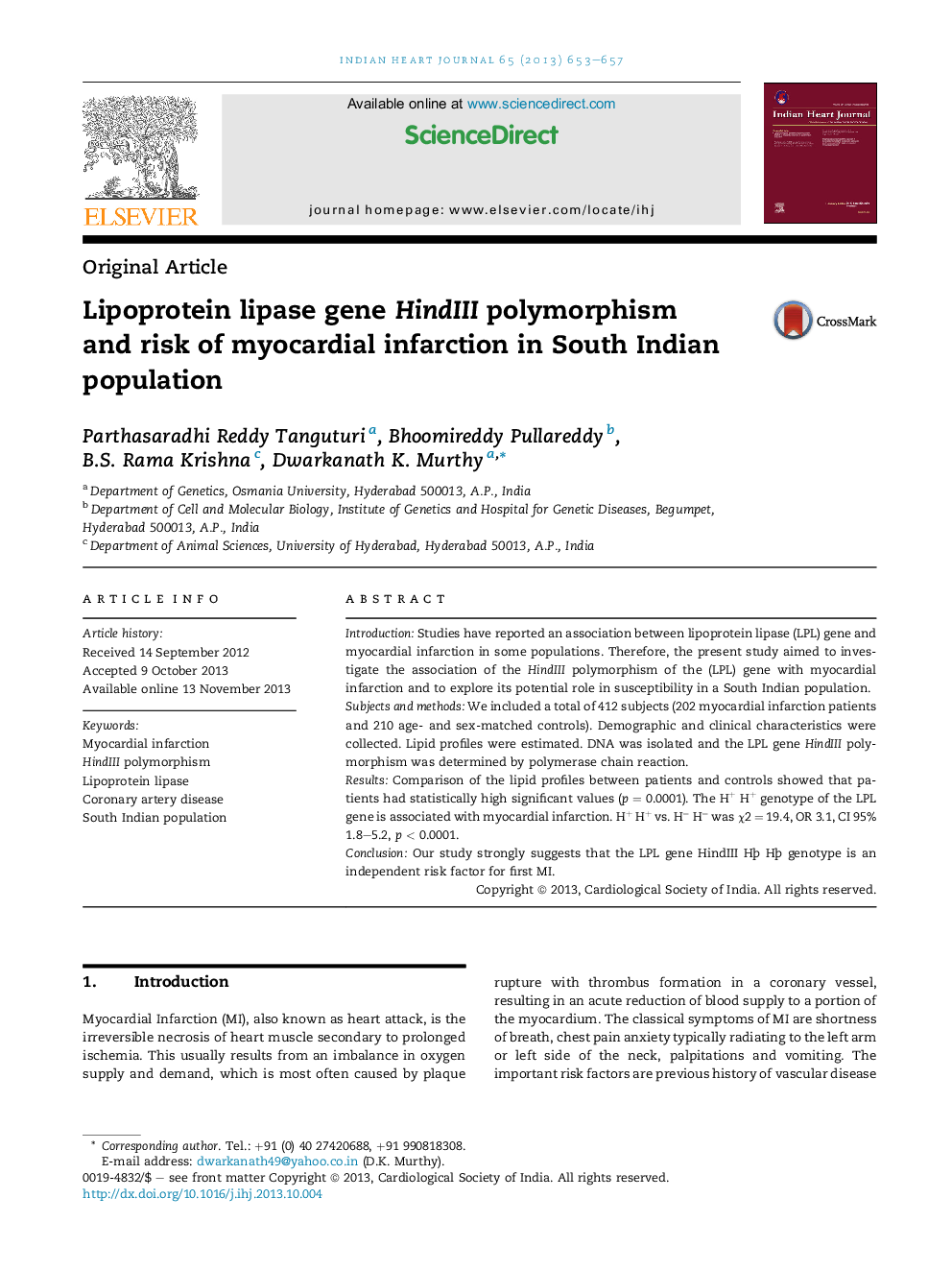 Lipoprotein lipase gene HindIII polymorphism and risk of myocardial infarction in South Indian population