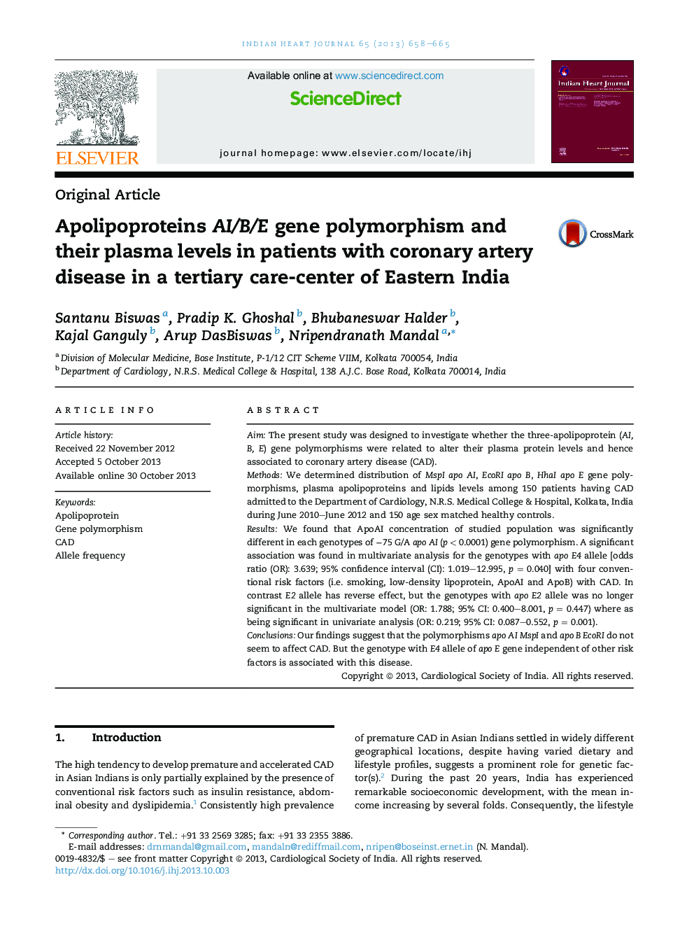 Apolipoproteins AI/B/E gene polymorphism and their plasma levels in patients with coronary artery disease in a tertiary care-center of Eastern India