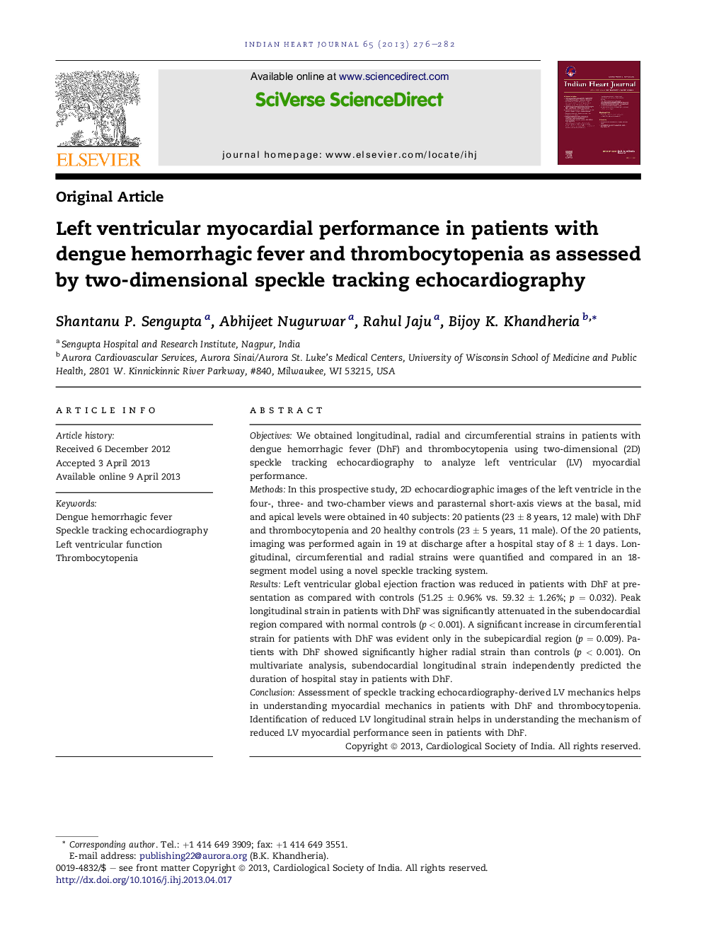 Left ventricular myocardial performance in patients with dengue hemorrhagic fever and thrombocytopenia as assessed by two-dimensional speckle tracking echocardiography