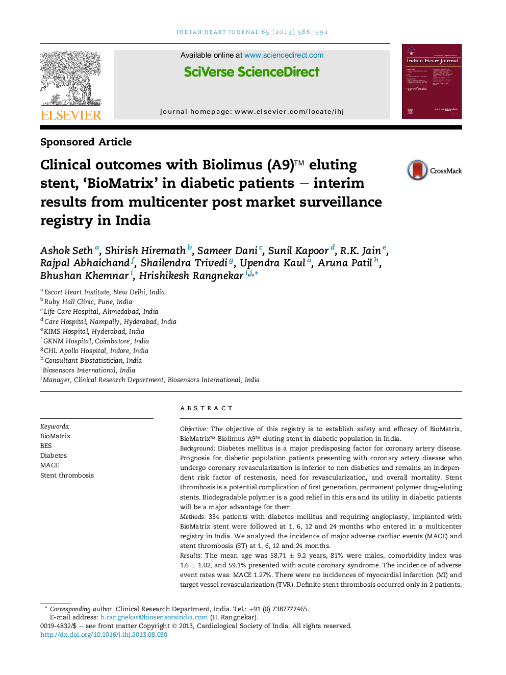 Clinical outcomes with Biolimus (A9)™ eluting stent, ‘BioMatrix’ in diabetic patients – interim results from multicenter post market surveillance registry in India