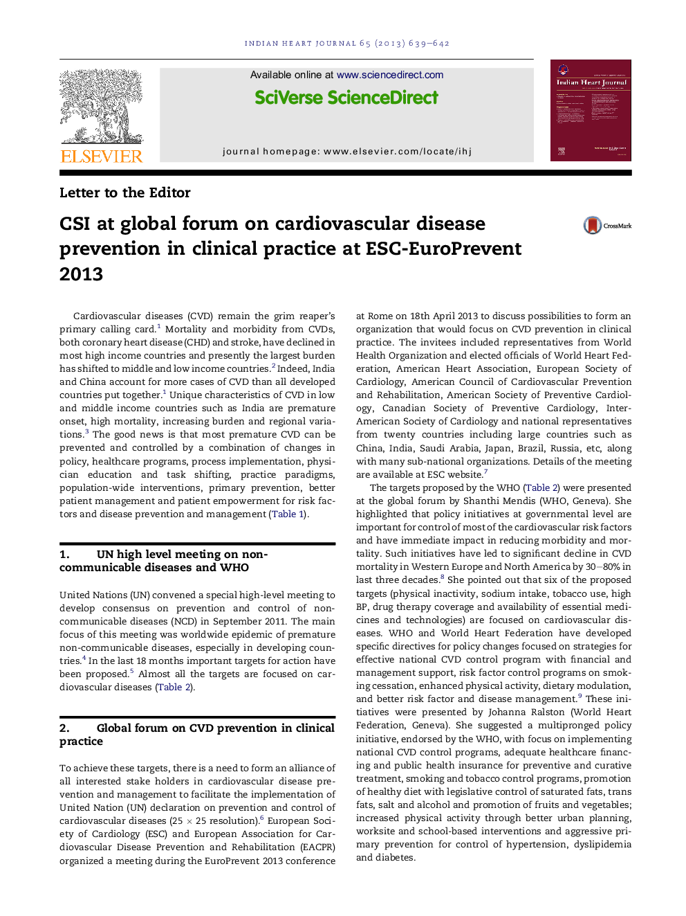 CSI at global forum on cardiovascular disease prevention in clinical practice at ESC-EuroPrevent 2013