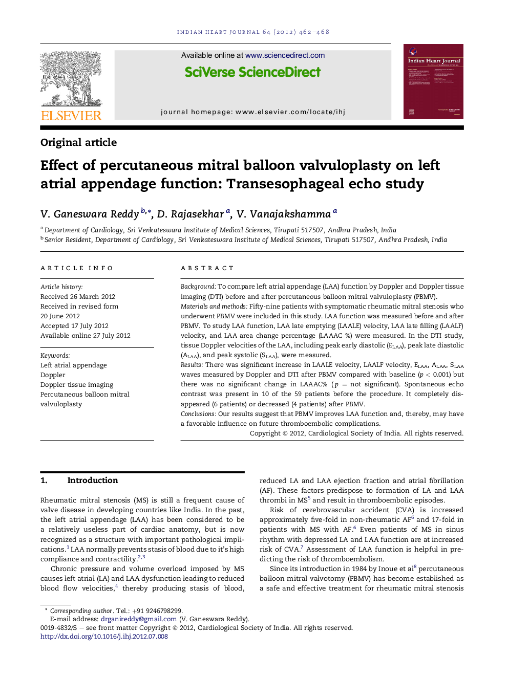 Effect of percutaneous mitral balloon valvuloplasty on left atrial appendage function: Transesophageal echo study