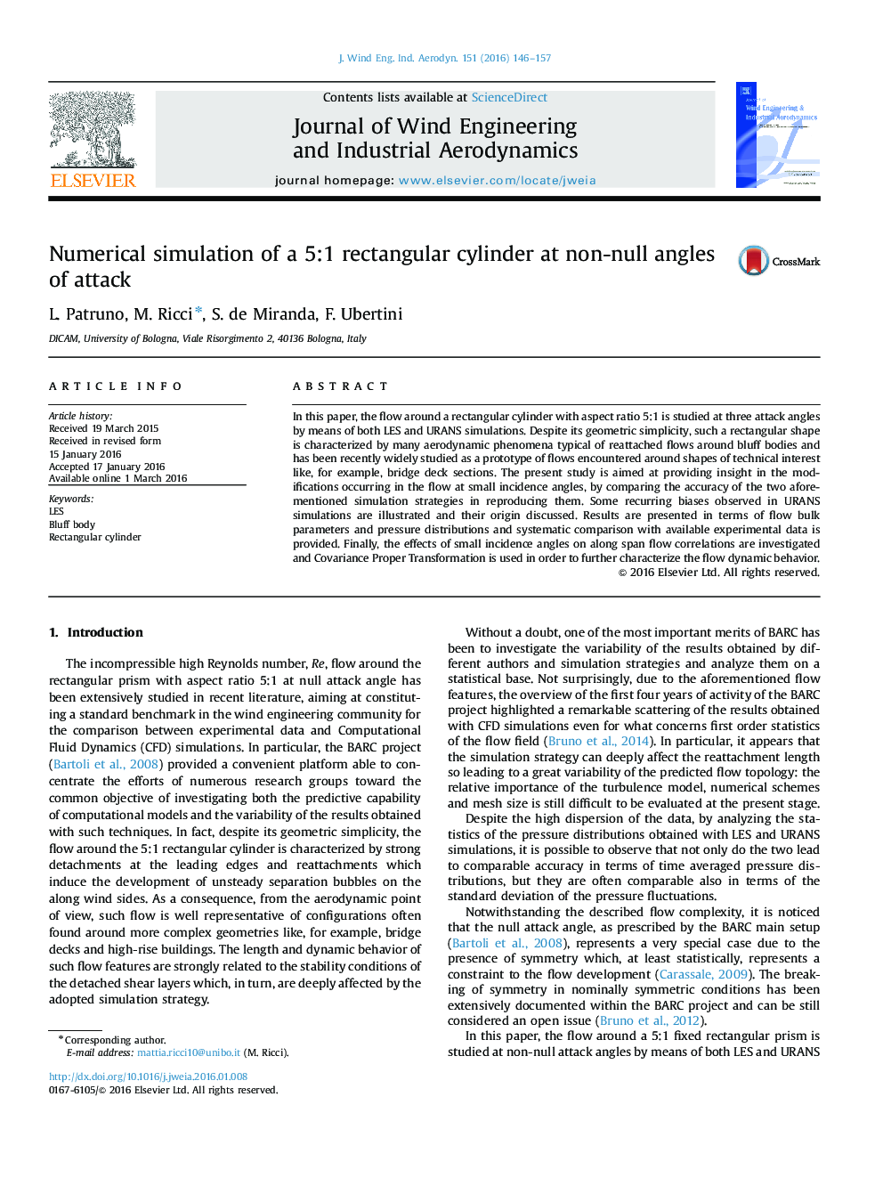 Numerical simulation of a 5:1 rectangular cylinder at non-null angles of attack