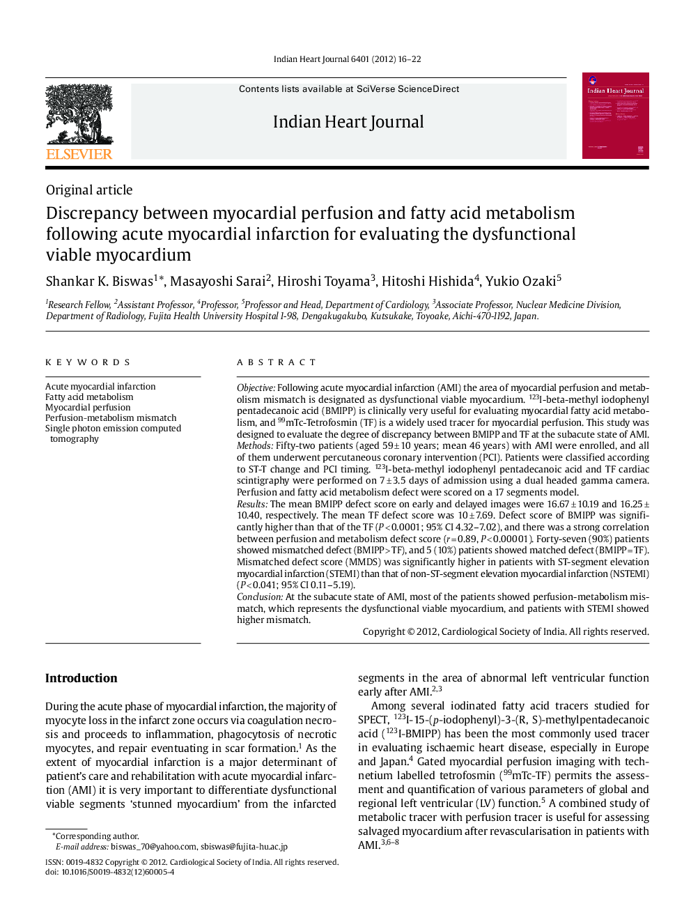 Discrepancy between myocardial perfusion and fatty acid metabolism following acute myocardial infarction for evaluating the dysfunctional viable myocardium