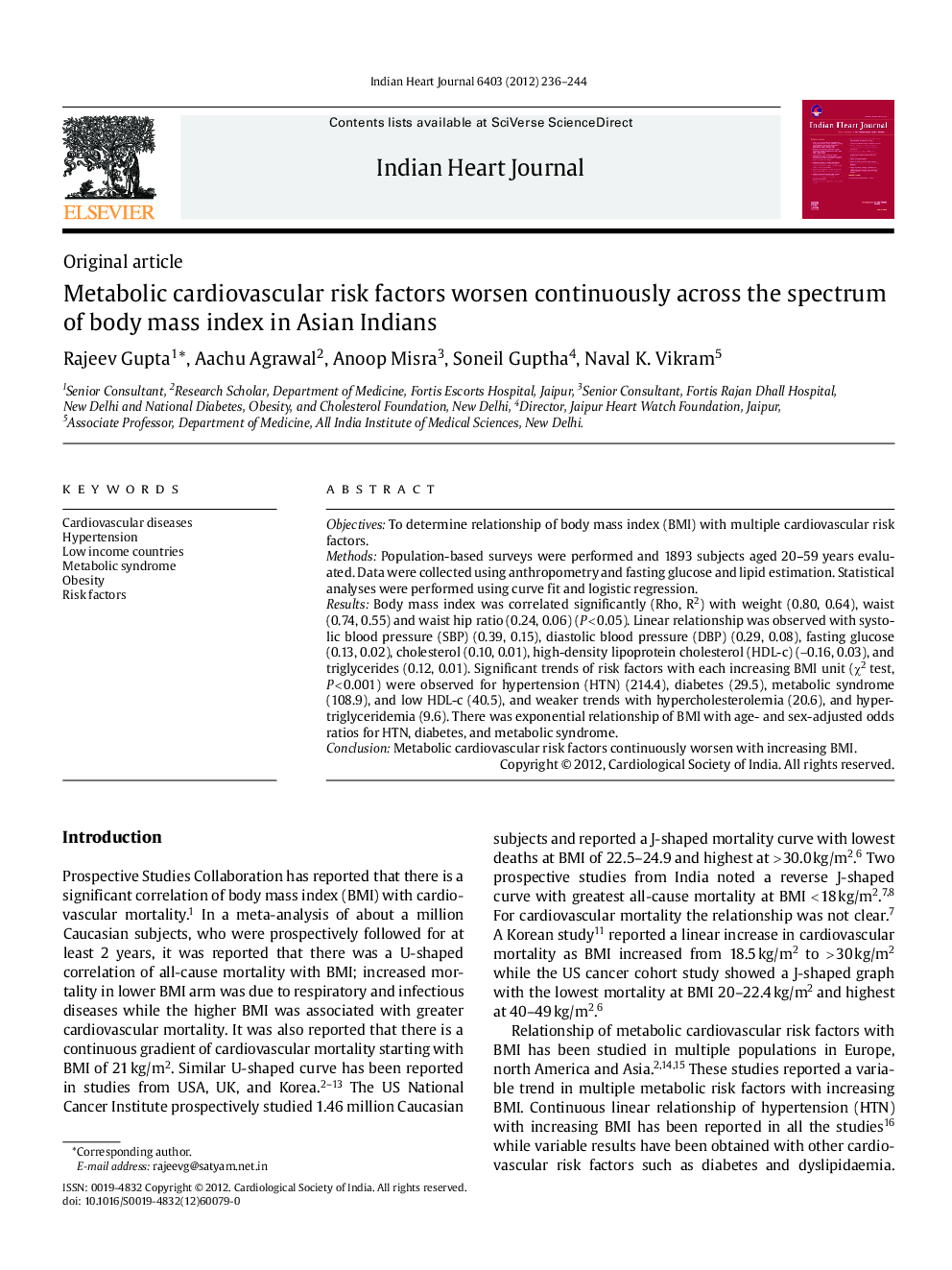 Metabolic cardiovascular risk factors worsen continuously across the spectrum of body mass index in Asian Indians