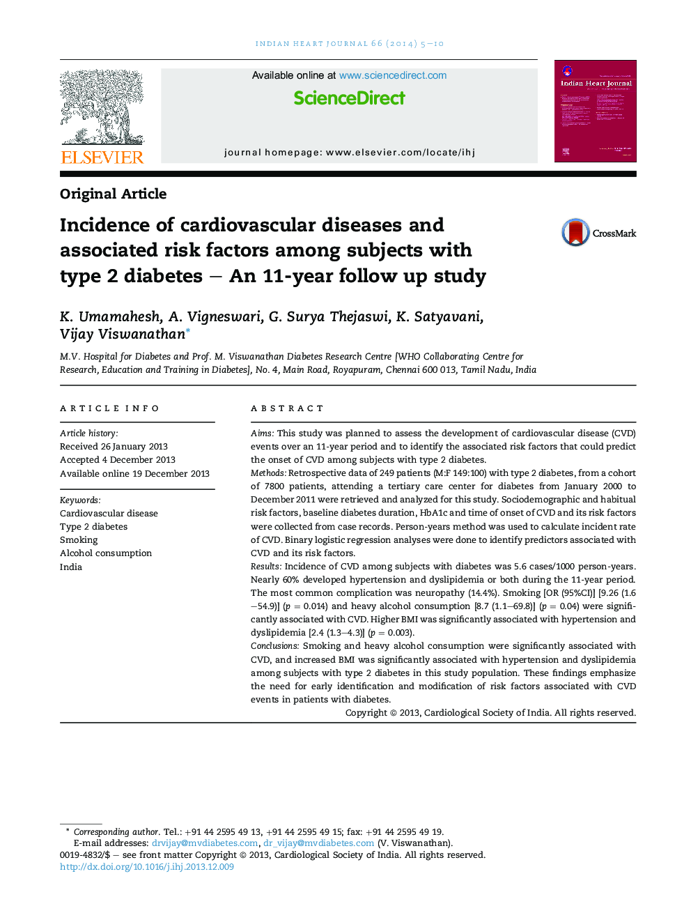 Incidence of cardiovascular diseases and associated risk factors among subjects with type 2 diabetes – An 11-year follow up study