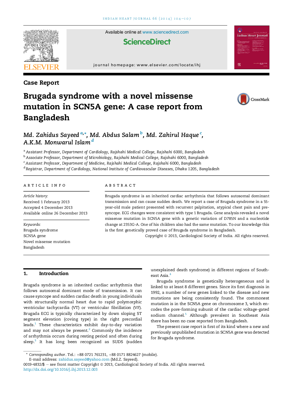 Brugada syndrome with a novel missense mutation in SCN5A gene: A case report from Bangladesh