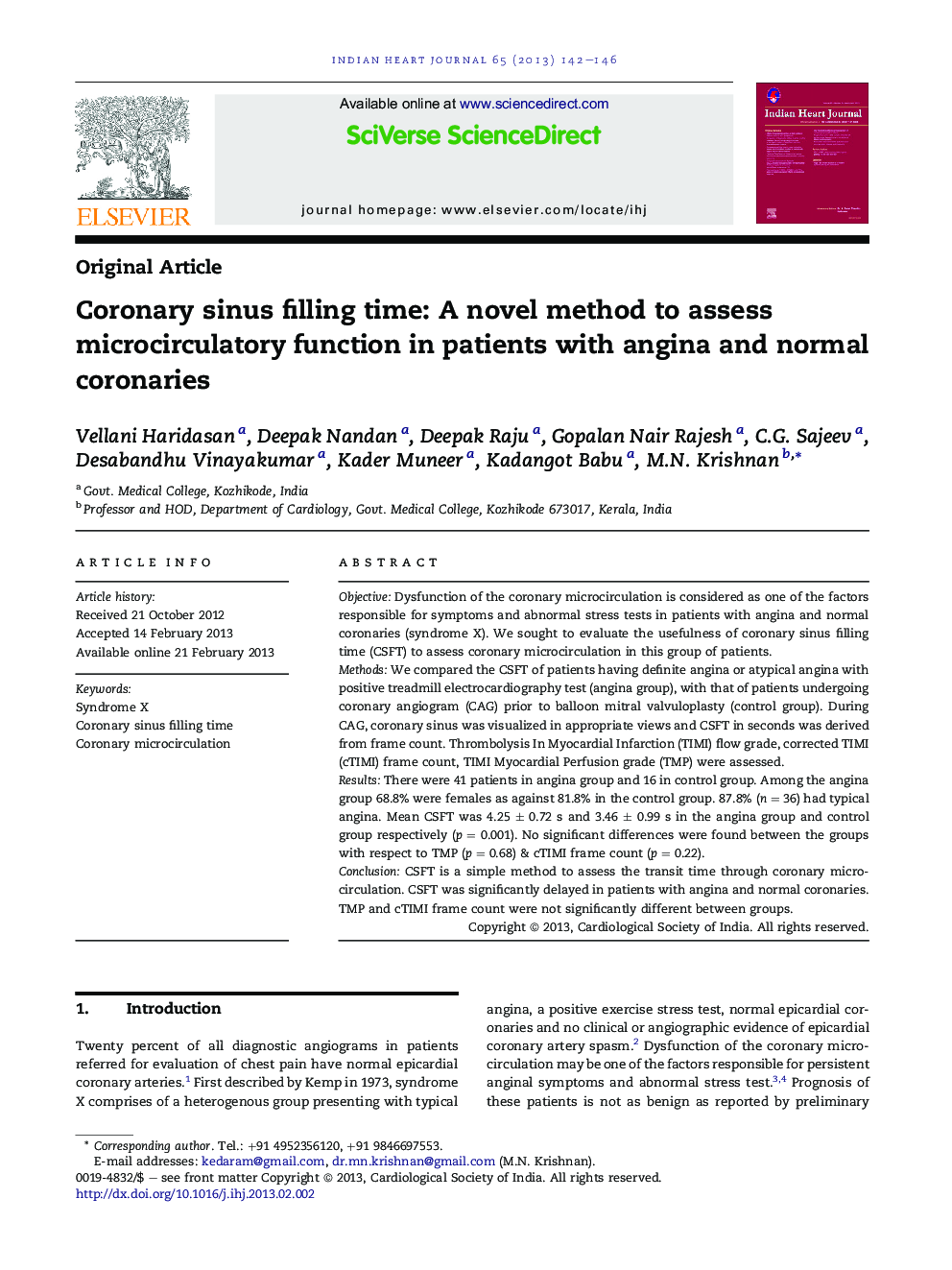 Coronary sinus filling time: A novel method to assess microcirculatory function in patients with angina and normal coronaries