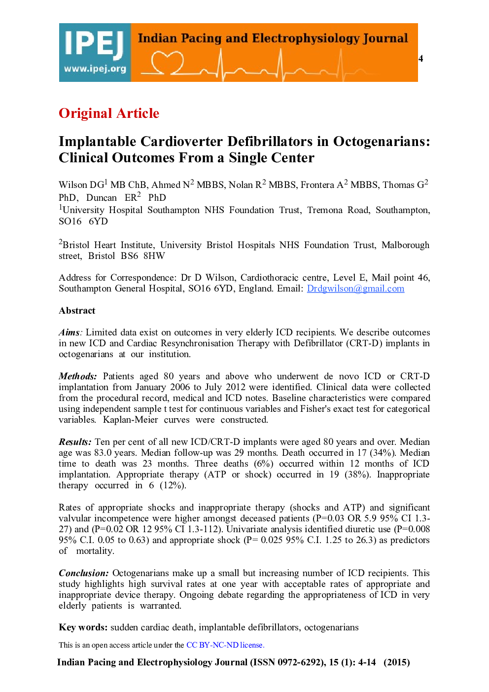دفیبریلاتورهای Cardioverter قابل کاشت در Octogenarians: نتایج کلینیکی از یک مرکز واحد