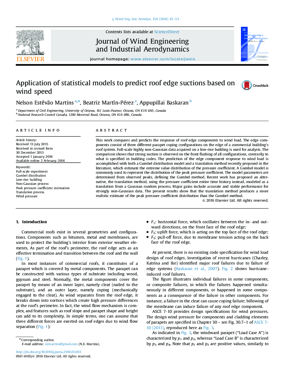 Application of statistical models to predict roof edge suctions based on wind speed