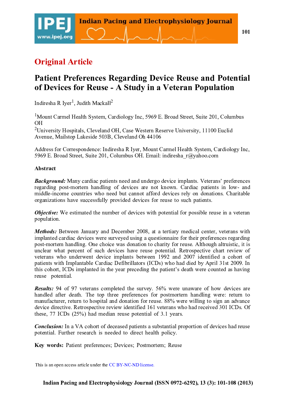 عکس صفحه اول مقاله: Patient Preferences Regarding Device Reuse and Potential of Devices for Reuse - A Study in a Veteran Population Patient Preferences Regarding Device Reuse and Potential of Devices for Reuse - A Study in a Veteran Population
