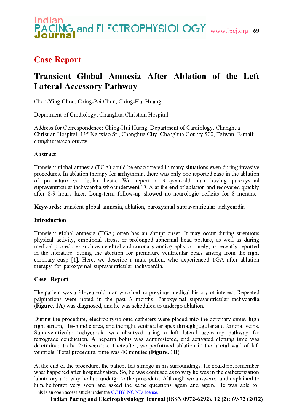 Transient Global Amnesia After Ablation of the Left Lateral Accessory Pathway