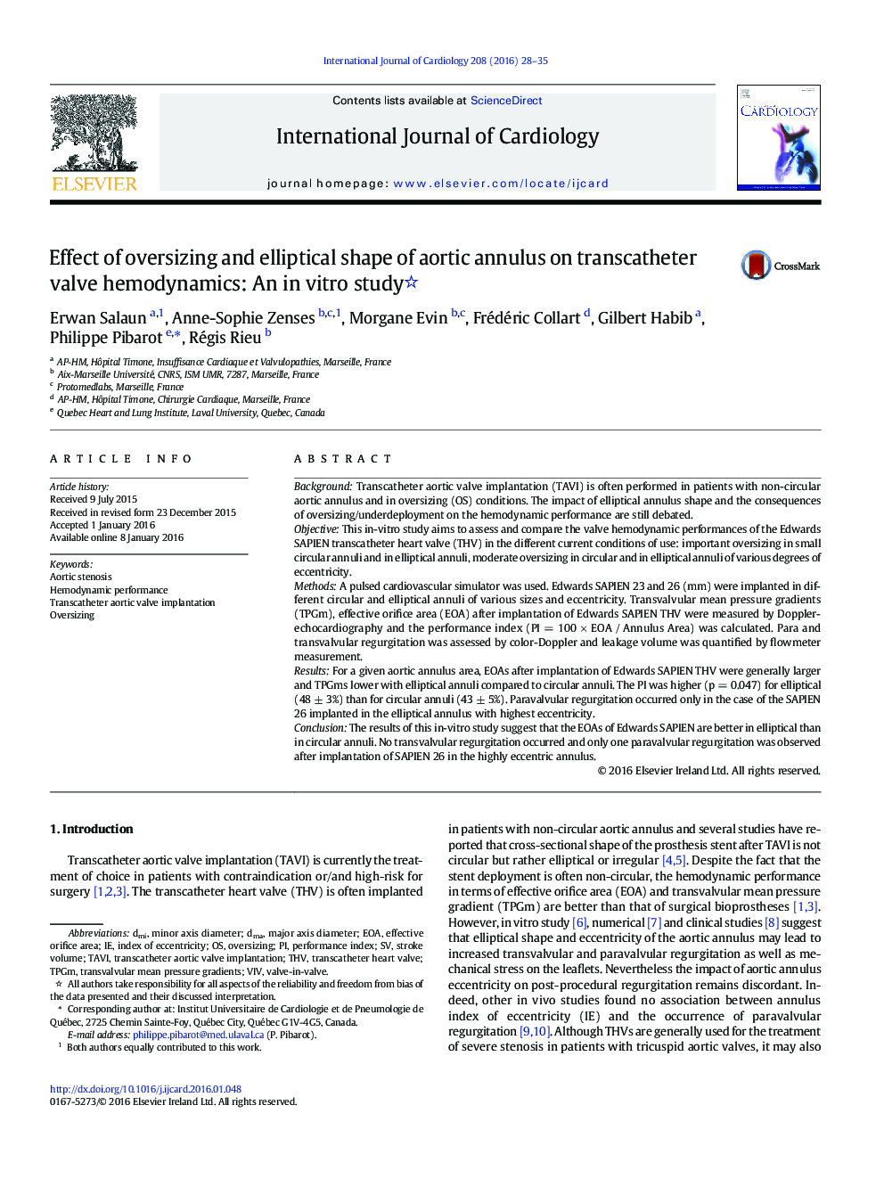 Effect of oversizing and elliptical shape of aortic annulus on transcatheter valve hemodynamics: An in vitro study 
