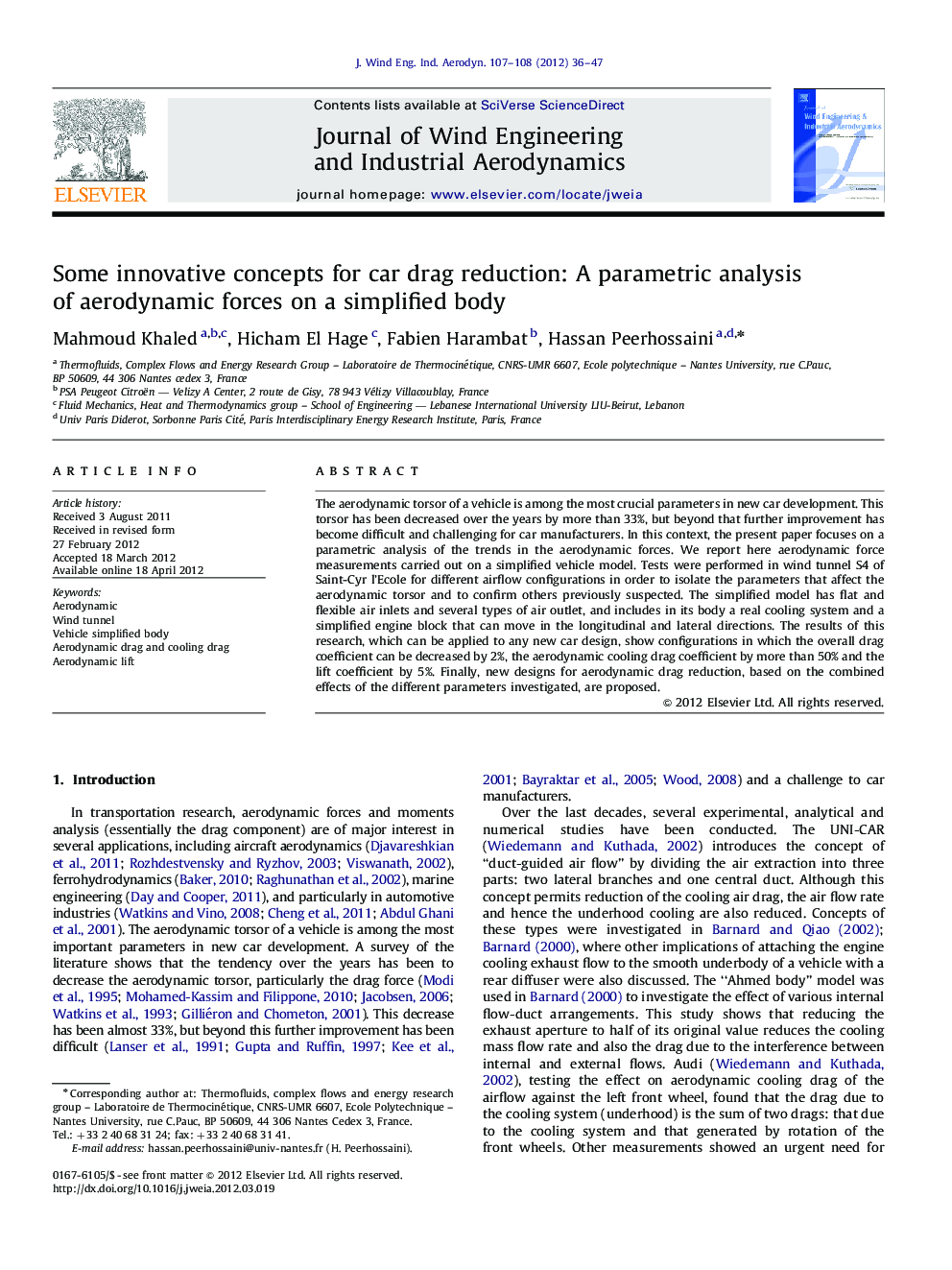 Some innovative concepts for car drag reduction: A parametric analysis of aerodynamic forces on a simplified body