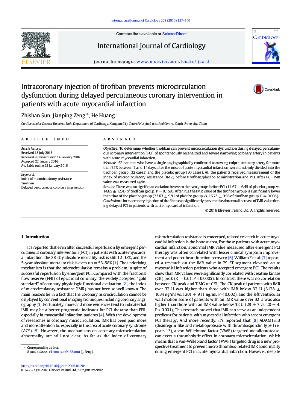 Intracoronary injection of tirofiban prevents microcirculation dysfunction during delayed percutaneous coronary intervention in patients with acute myocardial infarction