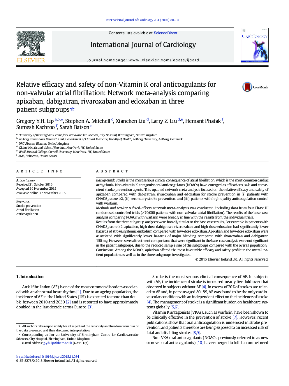 Relative efficacy and safety of non-Vitamin K oral anticoagulants for non-valvular atrial fibrillation: Network meta-analysis comparing apixaban, dabigatran, rivaroxaban and edoxaban in three patient subgroups 