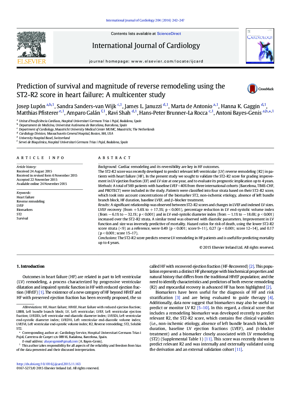 Prediction of survival and magnitude of reverse remodeling using the ST2-R2 score in heart failure: A multicenter study