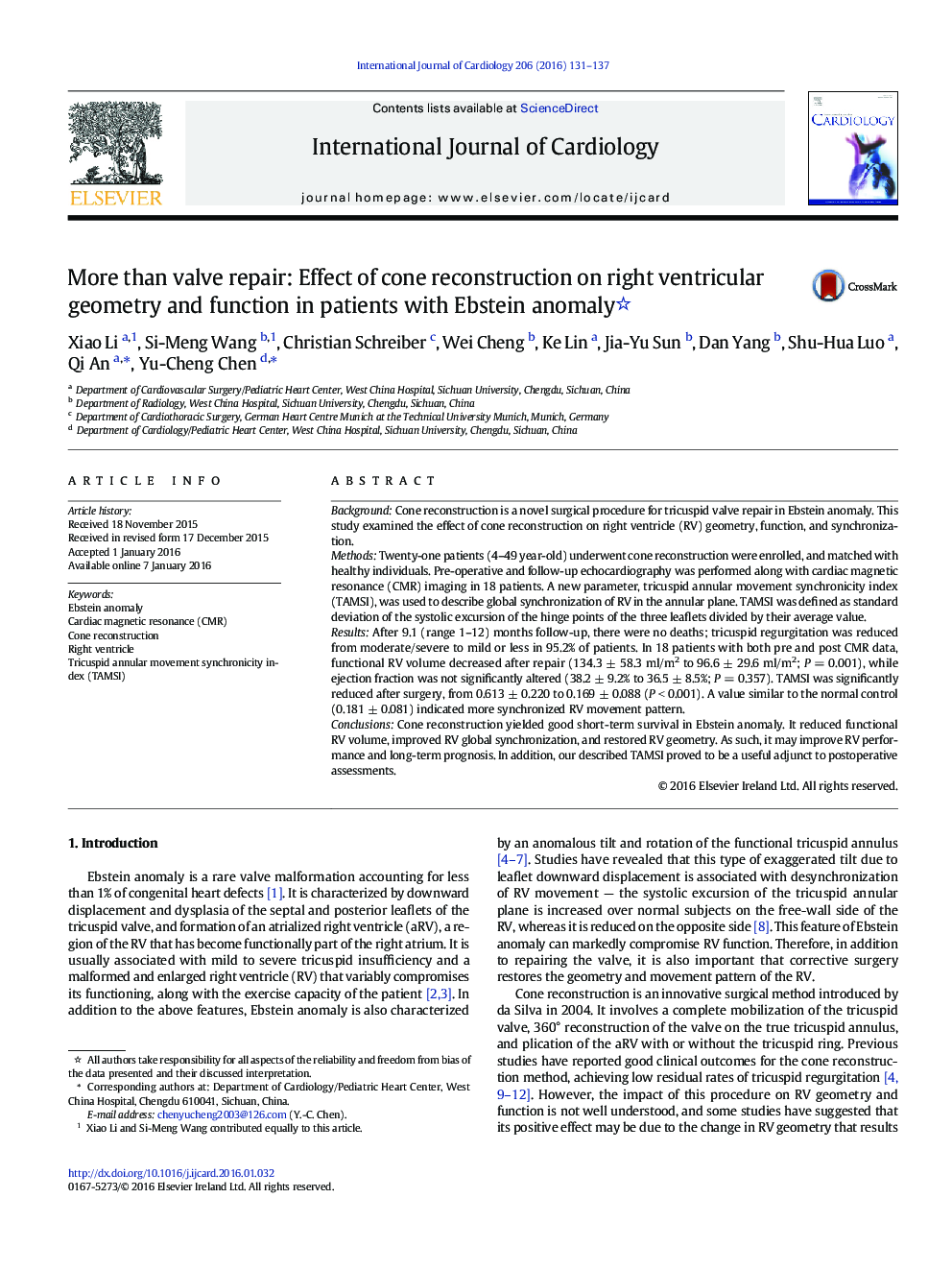 More than valve repair: Effect of cone reconstruction on right ventricular geometry and function in patients with Ebstein anomaly 