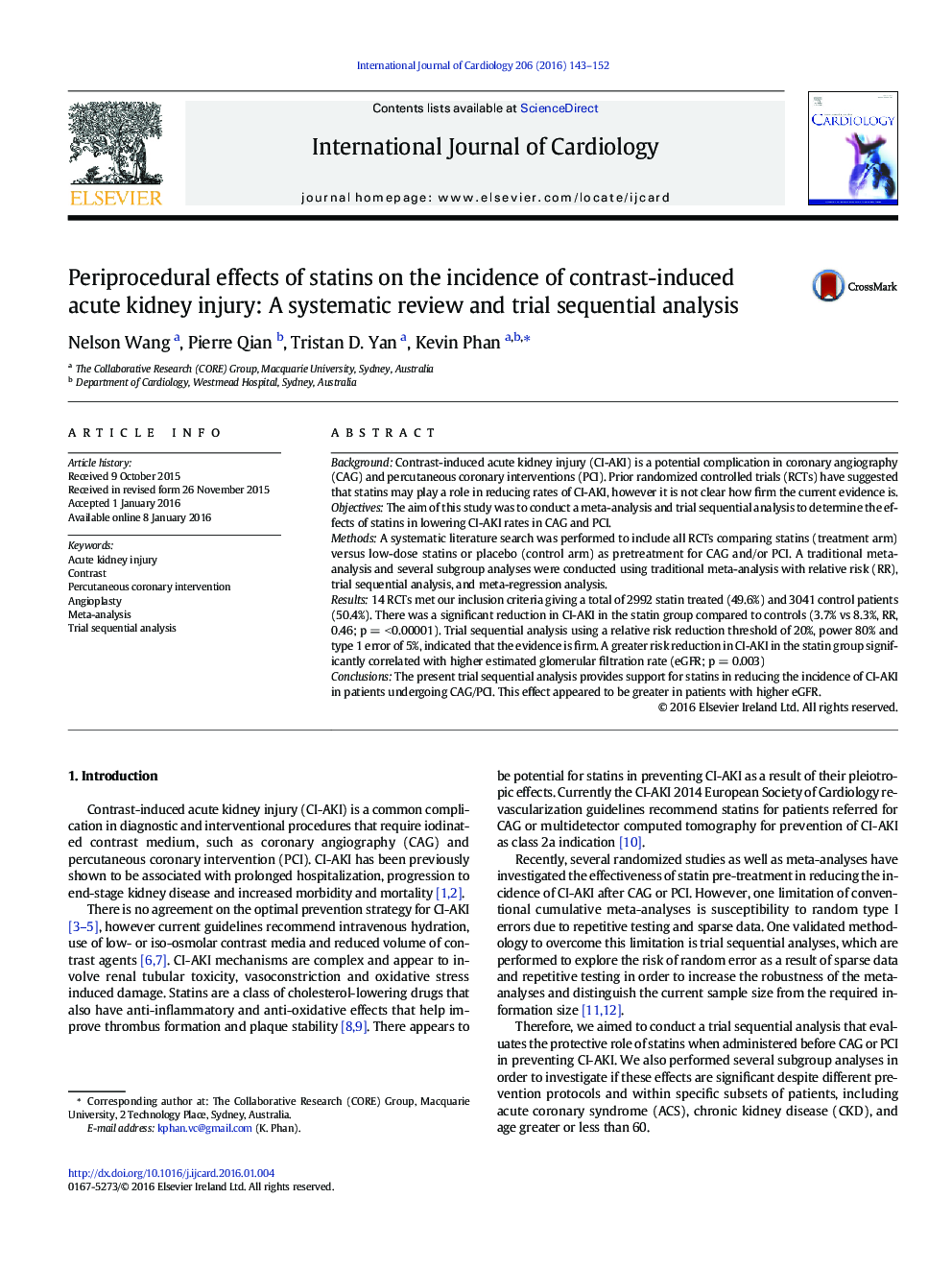 Periprocedural effects of statins on the incidence of contrast-induced acute kidney injury: A systematic review and trial sequential analysis