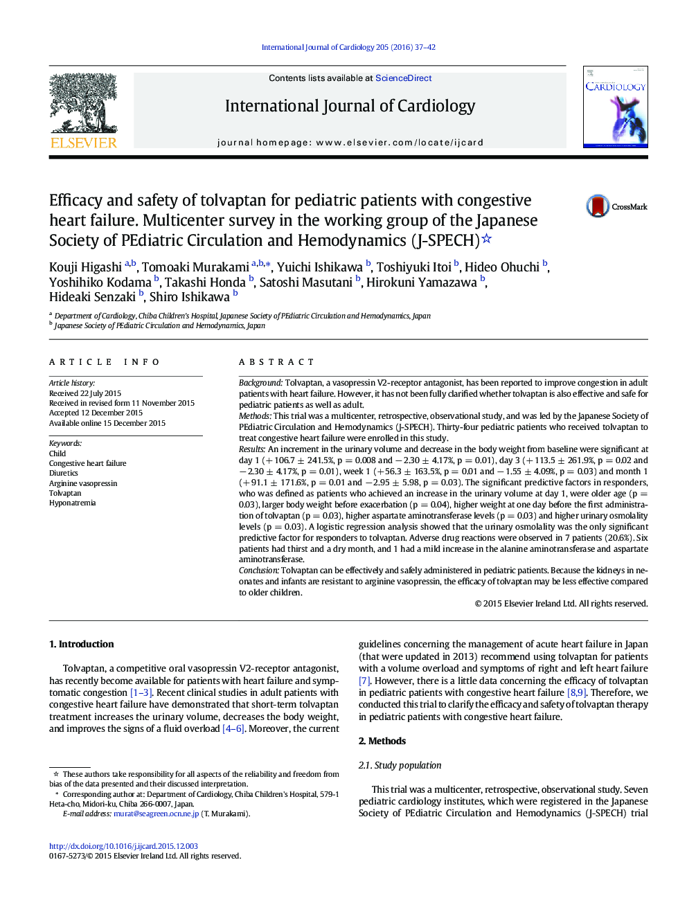 Efficacy and safety of tolvaptan for pediatric patients with congestive heart failure. Multicenter survey in the working group of the Japanese Society of PEdiatric Circulation and Hemodynamics (J-SPECH) 