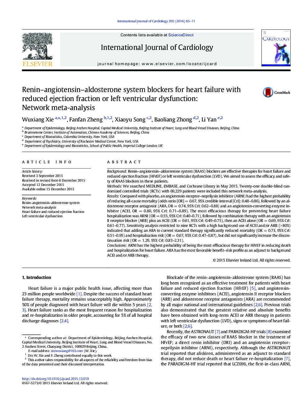 Renin–angiotensin–aldosterone system blockers for heart failure with reduced ejection fraction or left ventricular dysfunction: Network meta-analysis