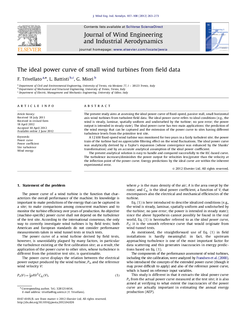 The ideal power curve of small wind turbines from field data