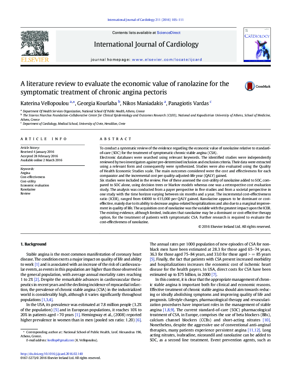 A literature review to evaluate the economic value of ranolazine for the symptomatic treatment of chronic angina pectoris